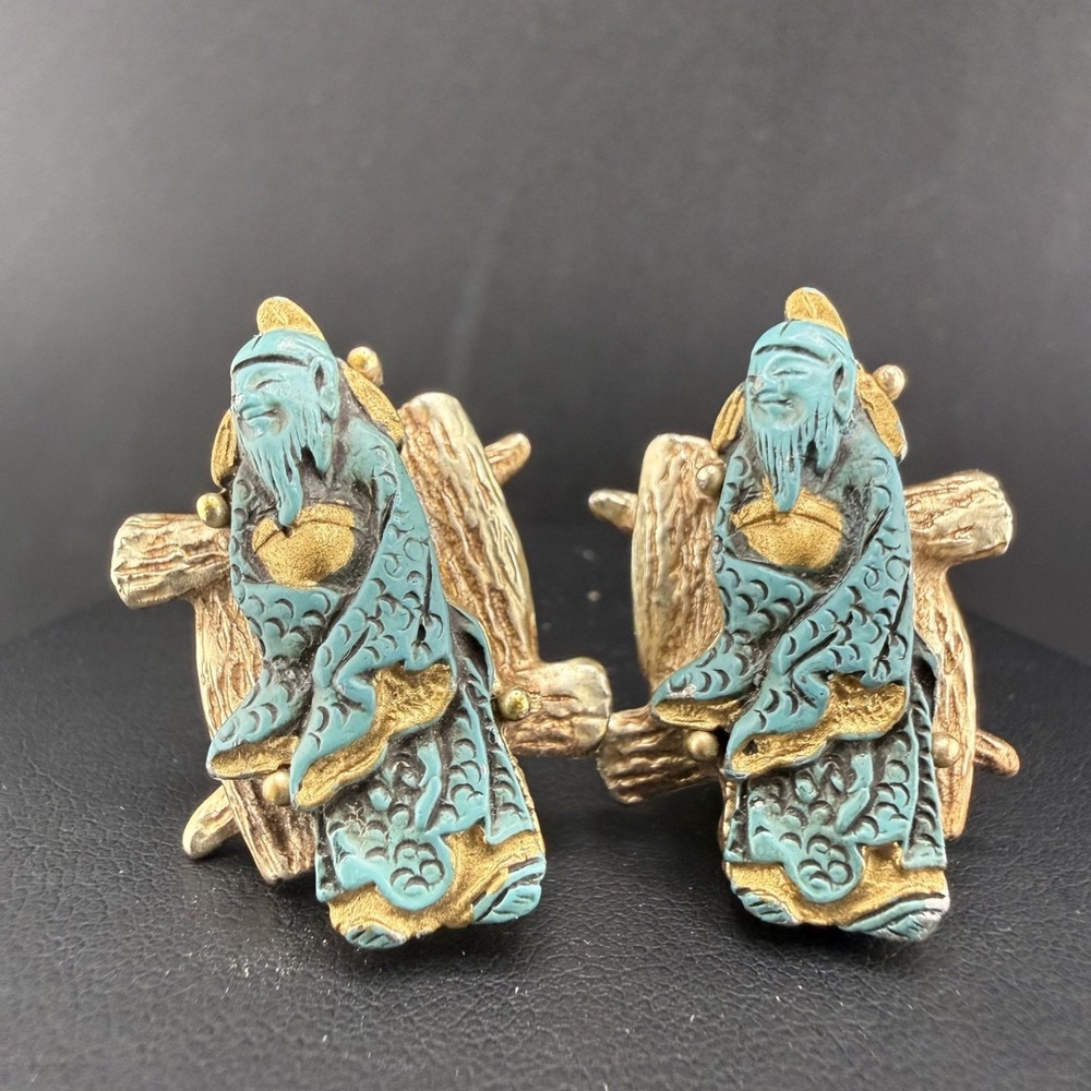 Vintage Dina‎ Clip On Earrings Gold Tone Asian Theme